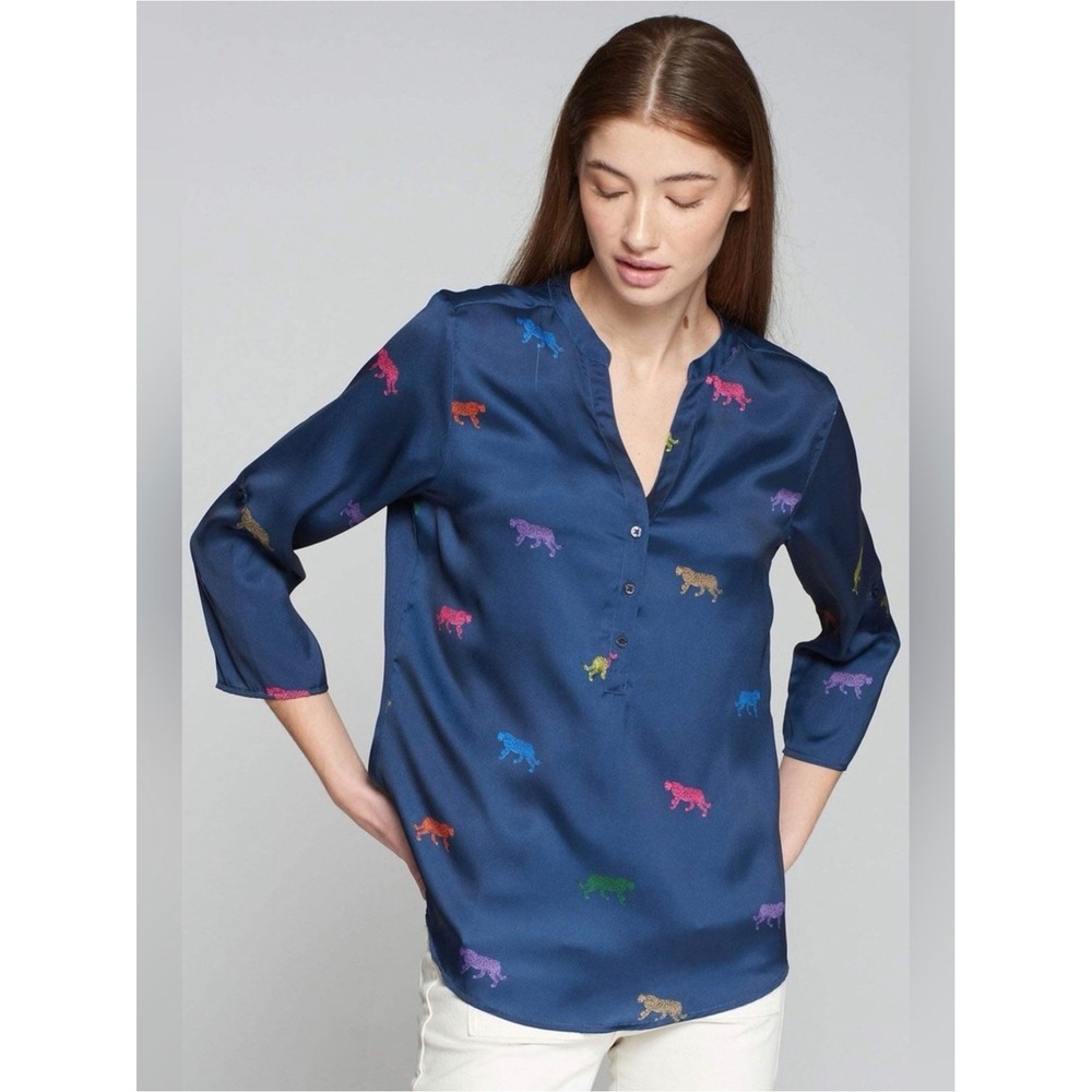 Vilagallo Colorful Leopard Print Blouse Navy Blue Size 48 Satin Tunic Top